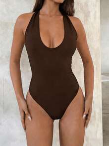 GAOVOT Women's Summer Y2K Sexy Low Neck Backless Bodysuit, Festival Style - Brown - View 7