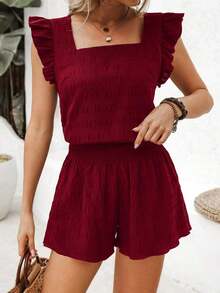 Conjunto de dos piezas para mujeres de vacaciones de verano con top de manga corta con cuello cuadrado y shorts de unicolor - Burdeos - Ver 1