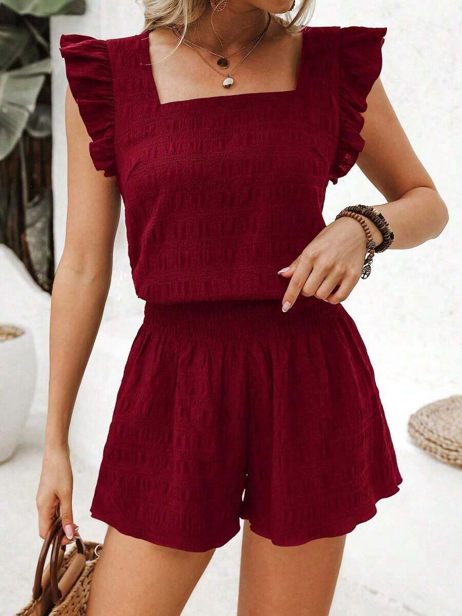 Conjunto de dos piezas para mujeres de vacaciones de verano con top de manga corta con cuello cuadrado y shorts de unicolor - Burdeos - Ver 1