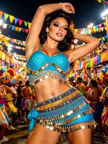 Carnival Festival Coin-Embellished Halter Crop Top With Multi-Layer Coin Hip Wrap For Parade, Rave & Themed Party (Available In Multiple Colors) - Multicolor - View 7