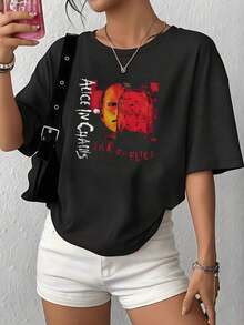 Women's Casual T-Shirt With Grunge Rock Band Print, 220g, 100% Cotton, 1 Piece, Loose And Relaxed Fit, Short Sleeve T-Shirt - 黑色 - 查看 1