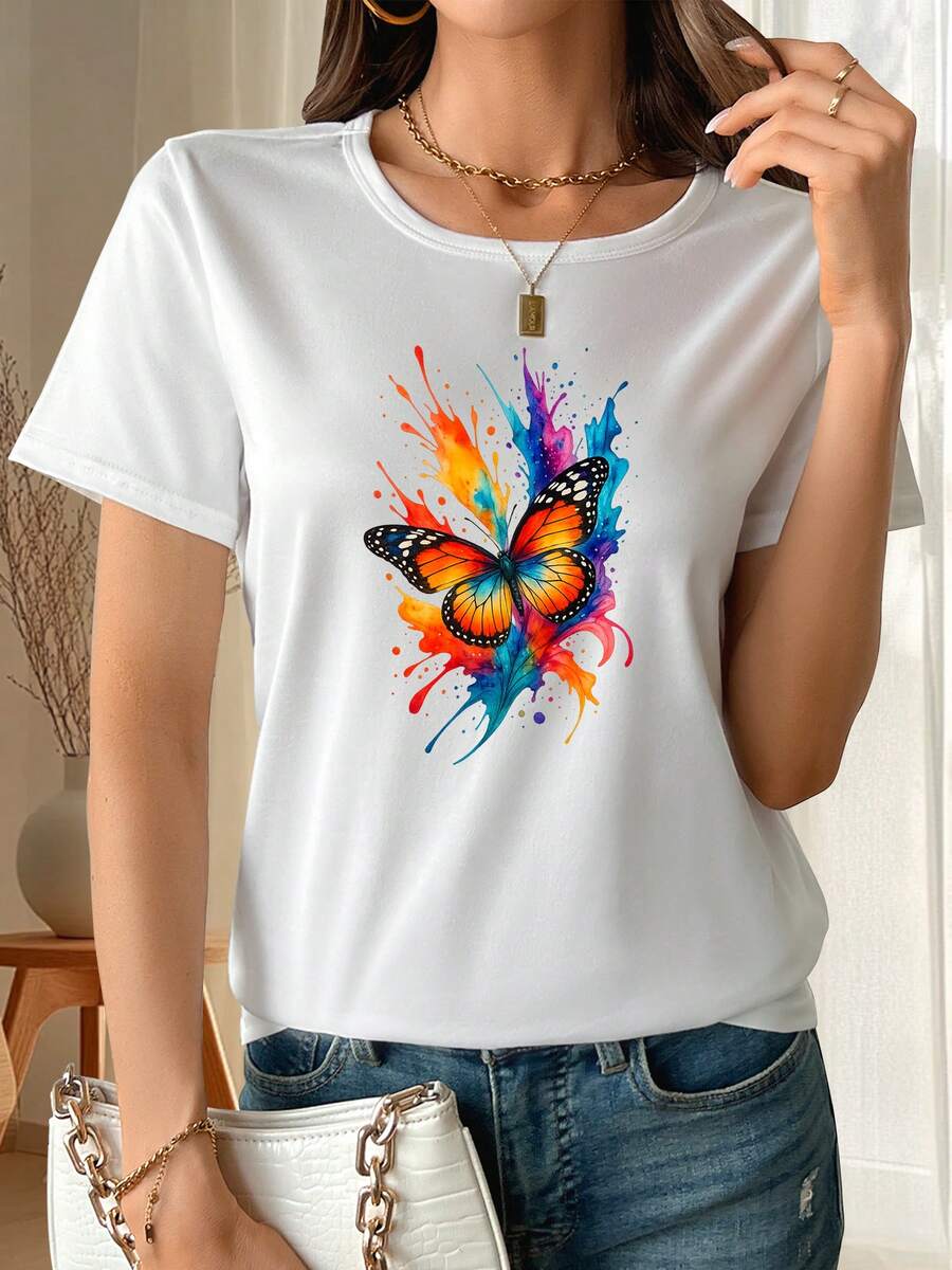 Short-Sleeved T-Shirt With A Fun "Artistic And Colorful Butterfly" Print, Made Of Soft And Breathable Polyester Fiber, Medium Elasticity, Machine Washable, Modern Style, New Model, Women's Summer Clothing. - 白色 - 查看 1