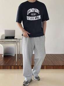 Men's Summer T-Shirt With Letter Print And Drop Shoulders - 藏蓝色 - 查看 3