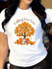 New Casual Summer T-Shirt With Husky Design, Autumn T-Shirt, Falling For You T-Shirt, Unisex Top, Autumn Clothes For Dogs, Seasonal Graphic T-Shirt, And Unisex Vintage Urban Style Loose Cotton Short Sleeve Crew Neck T-Shirt - 白色 - 查看 1