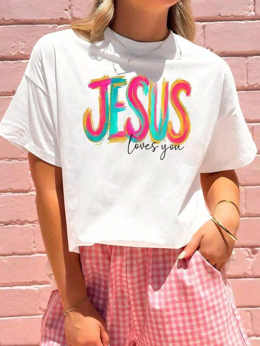 1 camiseta con estampado gráfico "Jesus Loves You", manga corta, cuello redondo, estilo casual para verano y primavera, camiseta para mujer, 180g, 100% algodón. - Blanco - Ver 1