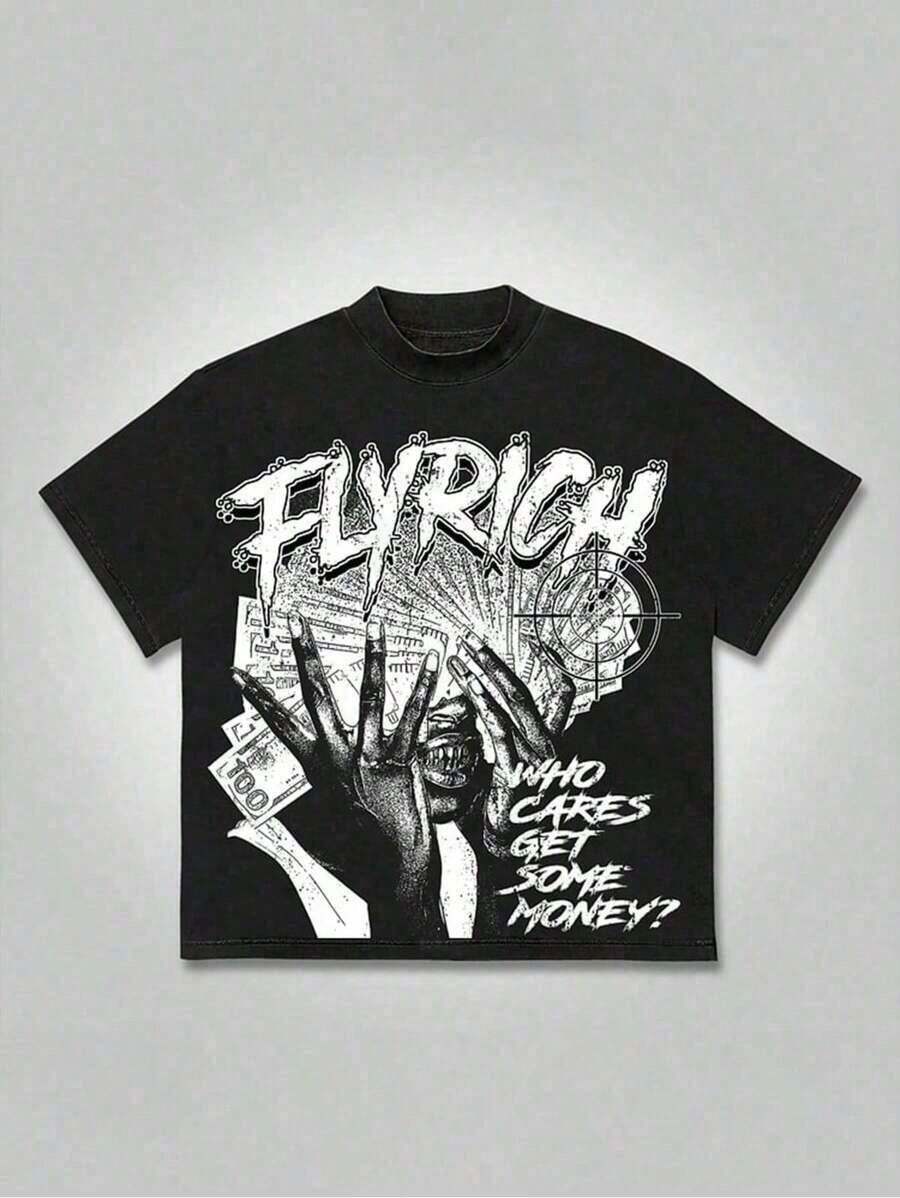 Camiseta de manga corta Flyrich - Money - Centric Street - Wear, estampado casual, cómoda y versátil, camiseta estampada de algodón puro con patrón de letras, 100% algodón. - Negro - Ver 1