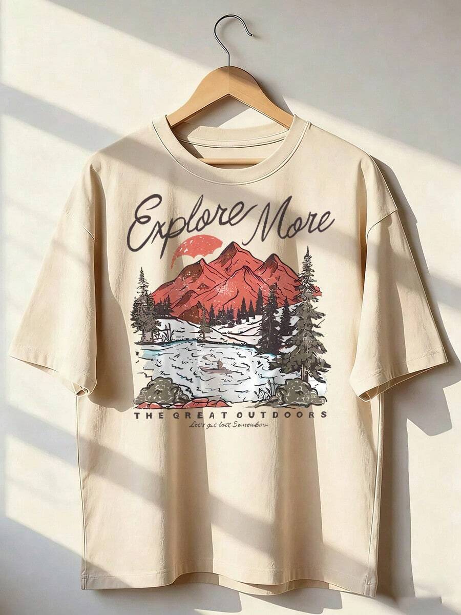 Retro And Adventurous Style Short-Sleeved T-Shirt, Short-Sleeved T-Shirt For Spring And Summer 2026, Made In Mexico, 180 Grams. Cartoon Print, Couple Design, Suitable For Indoor Or Outdoor Wear. Crew Neck, Unisex, Ideal For Office And Leisure. One-Pack. - APR-P631577SLNDXZGY563 - 查看 1