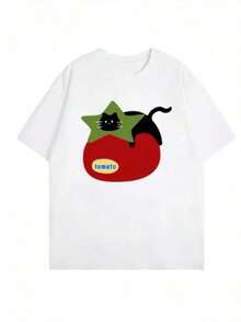 Women's Summer T-Shirt With Cat And Tomato Print, Round Neck, Short Sleeve, Casual Style, Comfortable, 100% Cotton - 白色 - 查看 7