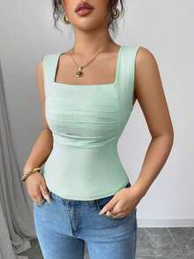 Top sin mangas plisado monocolor minimalista elegante y casual para mujer - verde menta - Ver 6