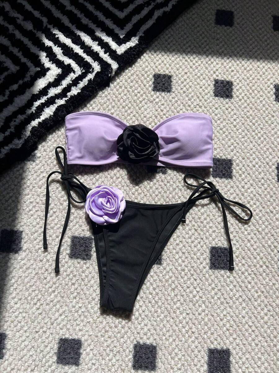 Two-Tone Pink Strapless Bikini With Adjustable Drawstring And Tie Straps Bikini9149 - 淺紫色 - 查看 1