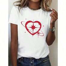 NEW Women's T-Shirt With Creative Print Of Red Hearts And Square Stars, Short Sleeve, Round Neck, Casual Summer Style, Women's Clothing - Urban Vintage Style, Unisex, Loose Fit Cotton Short Sleeve Round Neck T-Shirt - 白色 - 查看 7