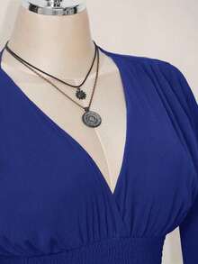 Navy Blue Solid Color Dress – Mini, Long Lantern Sleeve, Gathered Waist With Flared Skirt, Western Style For Spring And Summer - Blue - View 6