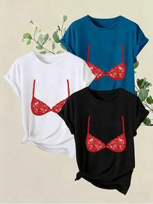 Women's T-Shirts, Women's T-Shirts, 1 Piece Set, Women's Short Sleeve, Short Sleeve T-Shirt With Round Neck And Red Lace Lingerie Print, Spring And Summer Urban Fashion Style, Women's T-Shirt. - 1件白色隨機圖案 - 查看 6