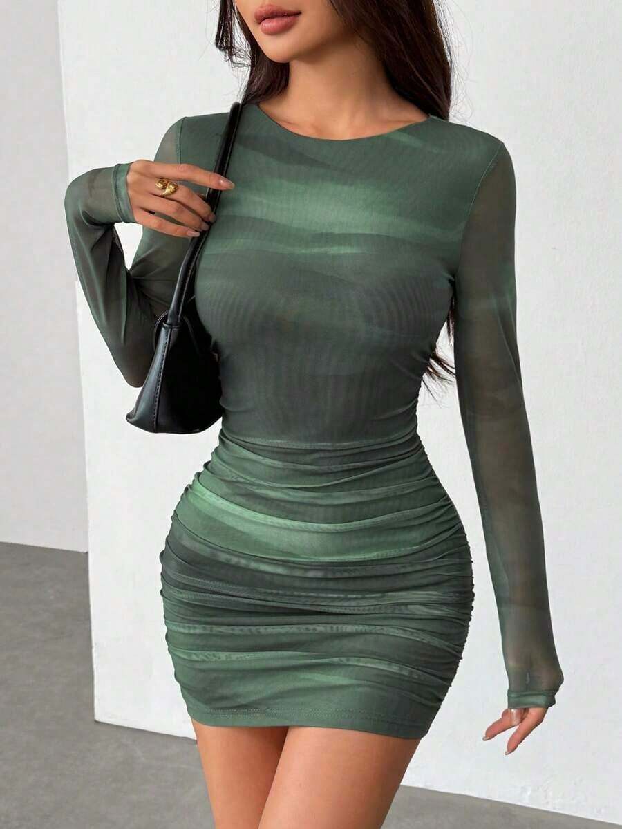 Vestido mini ceñido de mujer con estampado de teñido anudado y drapeado - Verde - Ver 1