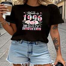 1 pieza, clásica y versátil, camiseta de manga corta de algodón puro, adecuada para usar en cualquier estación, hecha en 1996 por mujeres, con dise?o estampado de 30 a?os de perfección, estilo moderno - Negro - Ver 2