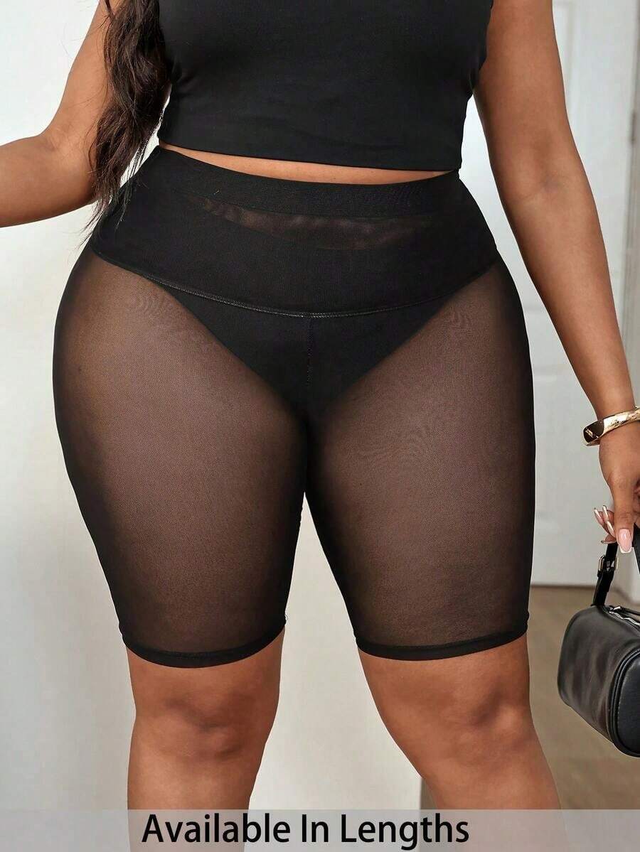 Leggings básicos de color liso para mujer de talla grande, apropiados para shorts de verano hasta la mitad del muslo, adecuados para personas de estatura talla grande baja, leggings de cintura alta, para uso diario, ocio, deportes, vera - Negro - Ver 1