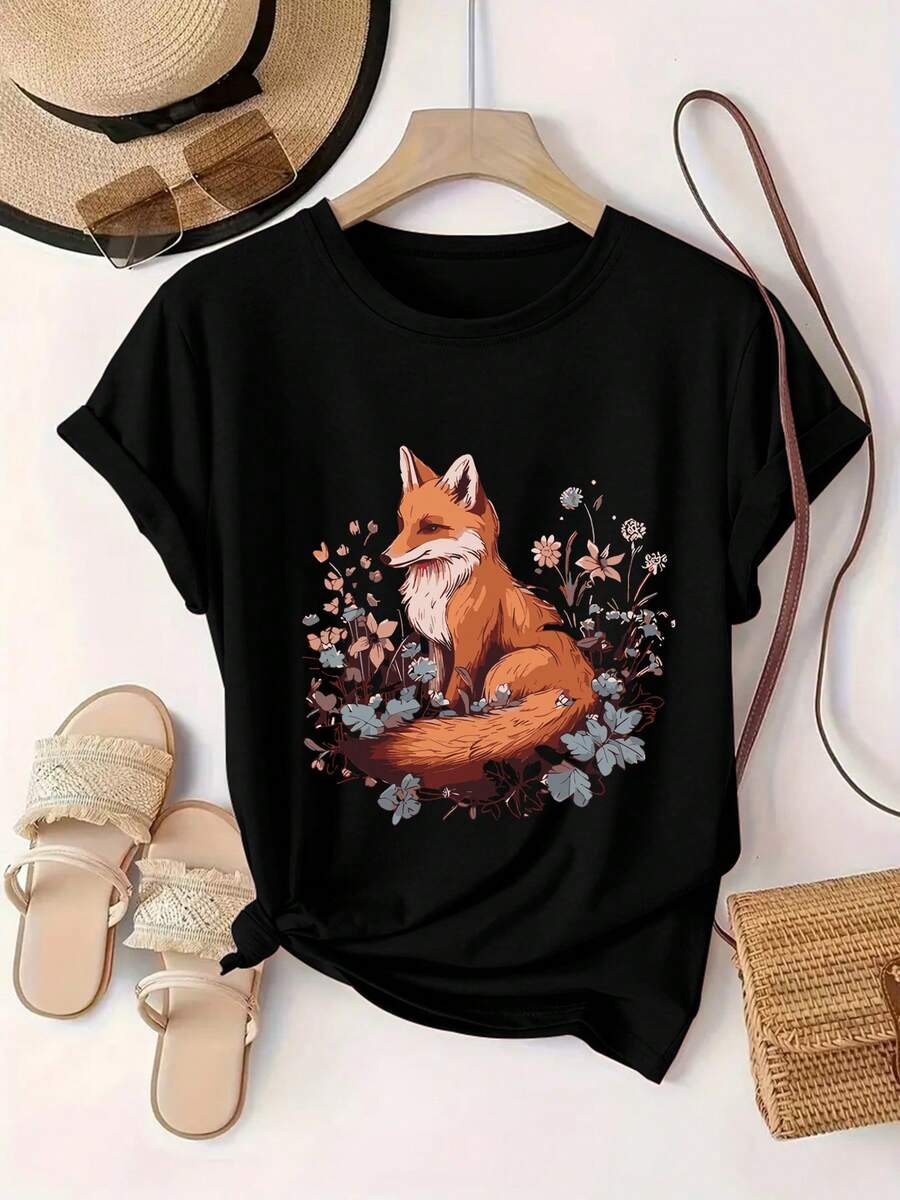 Camiseta Casual de Manga Corta para Mujer con Estampado Geométrico de Zorro y Flores - Poliéster Suave, Cuello Redondo, Cómoda para Todas las Estaciones, Lavable a Máquina, Camisetas para Damas, Ropa Versátil, Material Transpirable, Top Estampado, Adultos