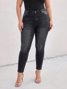 High Waist Dark Wash Tummy Tuck Skinny Plus Size Woman Denim Jean - Black - View 1