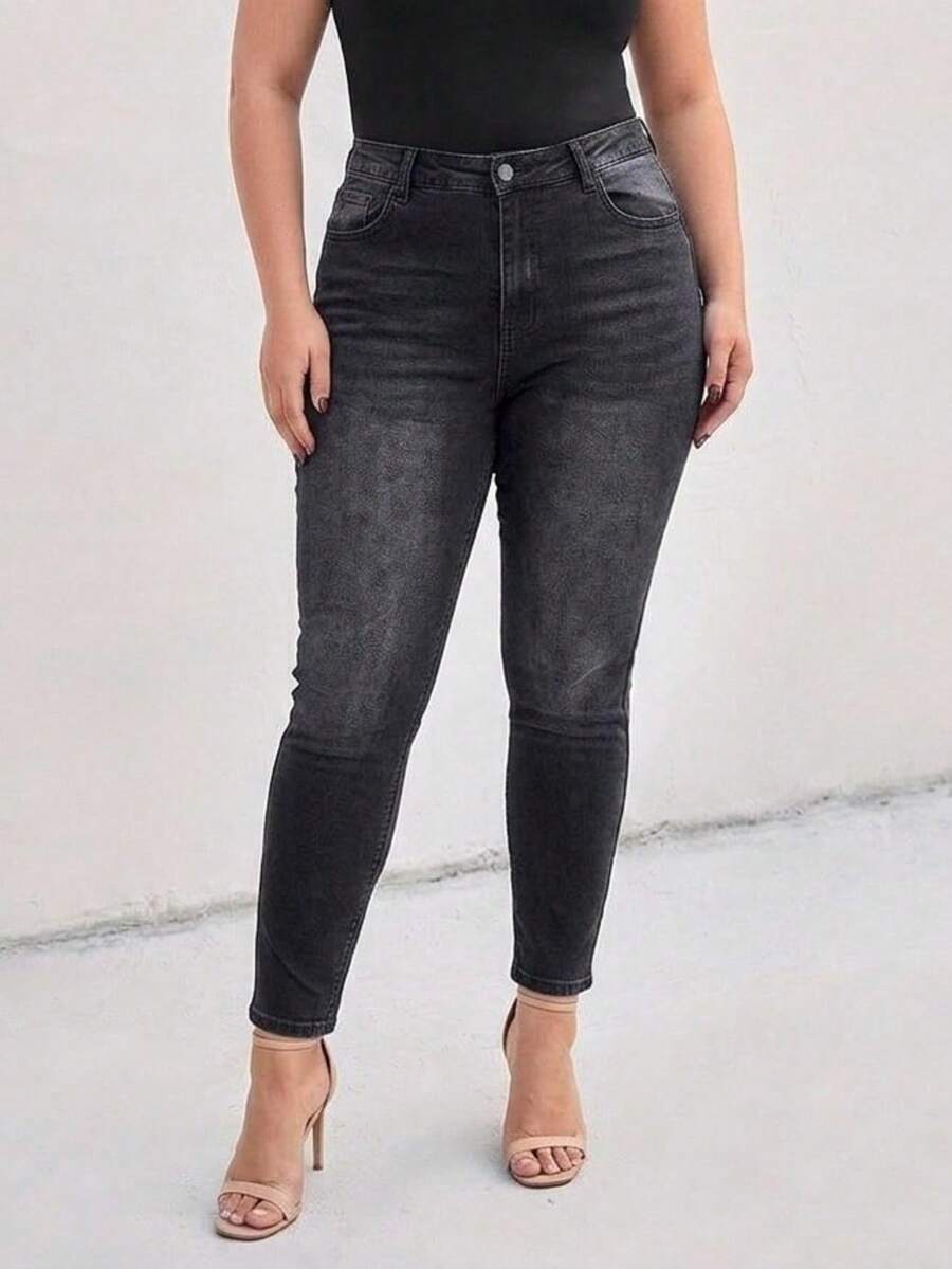 High Waist Dark Wash Tummy Tuck Skinny Plus Size Woman Denim Jean - Black - View 1