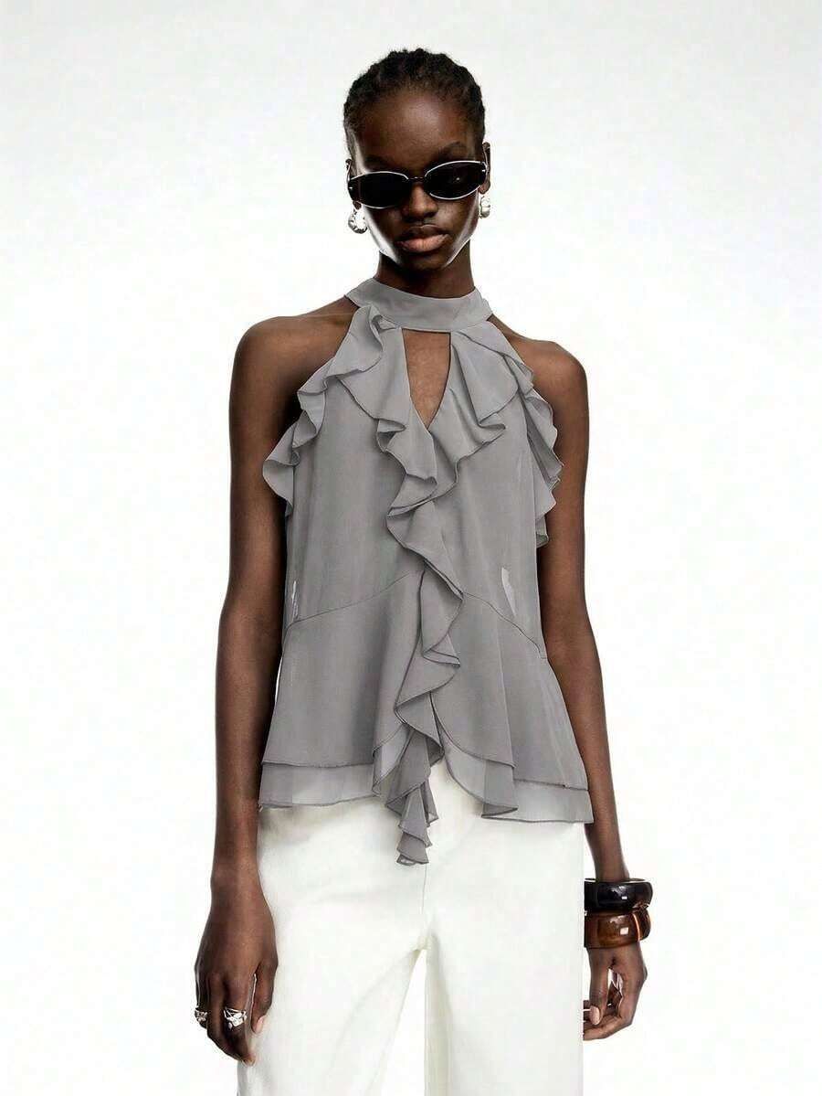 Elegant Solid Color Halter Top With Ruffles For Women - Gray - View 1