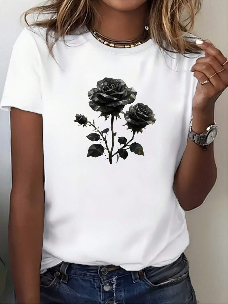 Camiseta de mujer de 180g con estampado de rosas blancas, cómoda y elegante – ideal para reuniones familiares y actividades de team-building en la empresa, y un excelente regalo para el Día de San Valentín y el Día de la Madre. - Blanco - Ver 1
