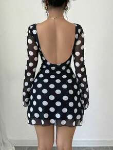 Vestido mini con espalda descubierta, mangas acampanadas y lunares para mujeres - Multicolor - Ver 2