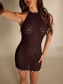 Vestido de suéter elegante sin espalda para fiesta en la playa - Café integral - Ver 6