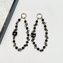 奢华时尚水晶串珠球手机挂绳，配黑色猫链、透明卡套、腕带、个性化手机挂绳，适用于相机、包包、钥匙链 - 黑色 - 查看 8