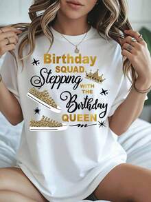 1 Piece "Birthday Squad Stepping With The Birthday Queen" T-Shirt With Gold Sneakers And Crown Design For Birthday Party Celebration, Casual Women's T-Shirt, 180g, 100% Cotton. - 黑色 - 查看 7