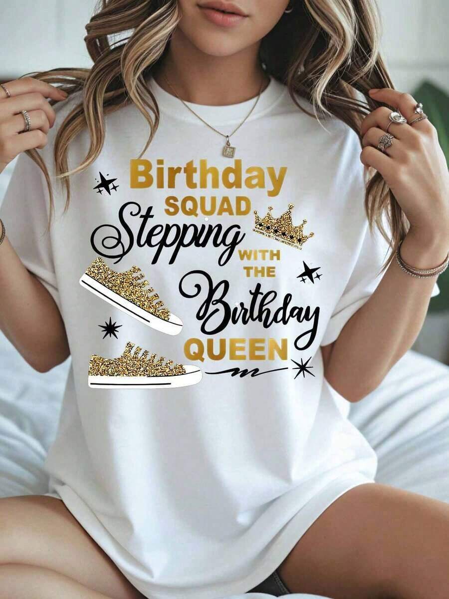 1 Piece "Birthday Squad Stepping With The Birthday Queen" T-Shirt With Gold Sneakers And Crown Design For Birthday Party Celebration, Casual Women's T-Shirt, 180g, 100% Cotton. - 白色 - 查看 1
