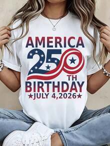 1 Piece Women's Crew Neck T-Shirt, Patriotic Design With The United States Flag For The 250th Anniversary Of July 4, 2026, Short Sleeve, Casual, For Independence Day Celebration, 180g 100% Cotton - 白色 - 查看 7