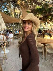 Women's Hollow Out Short Knitted Cardigan Dress, V-Neck Tie Waist Knit Dress With Flare Sleeves, Suitable For Spring/Summer Beach Vacation Style - Coffee Brown - View 5