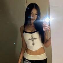 2025 nueva camiseta sin mangas ajustada sexy Y2K de verano para mujer, top de encaje estampado de estilo callejero europeo y americano para mujer - BLANCO - Ver 3