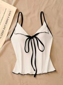 Top de tirantes con lazo y ribete de lechuga en contraste, elegante y ajustado, top para salir para mujeres, apto para el estilo del milenio - Blanco - Ver 3