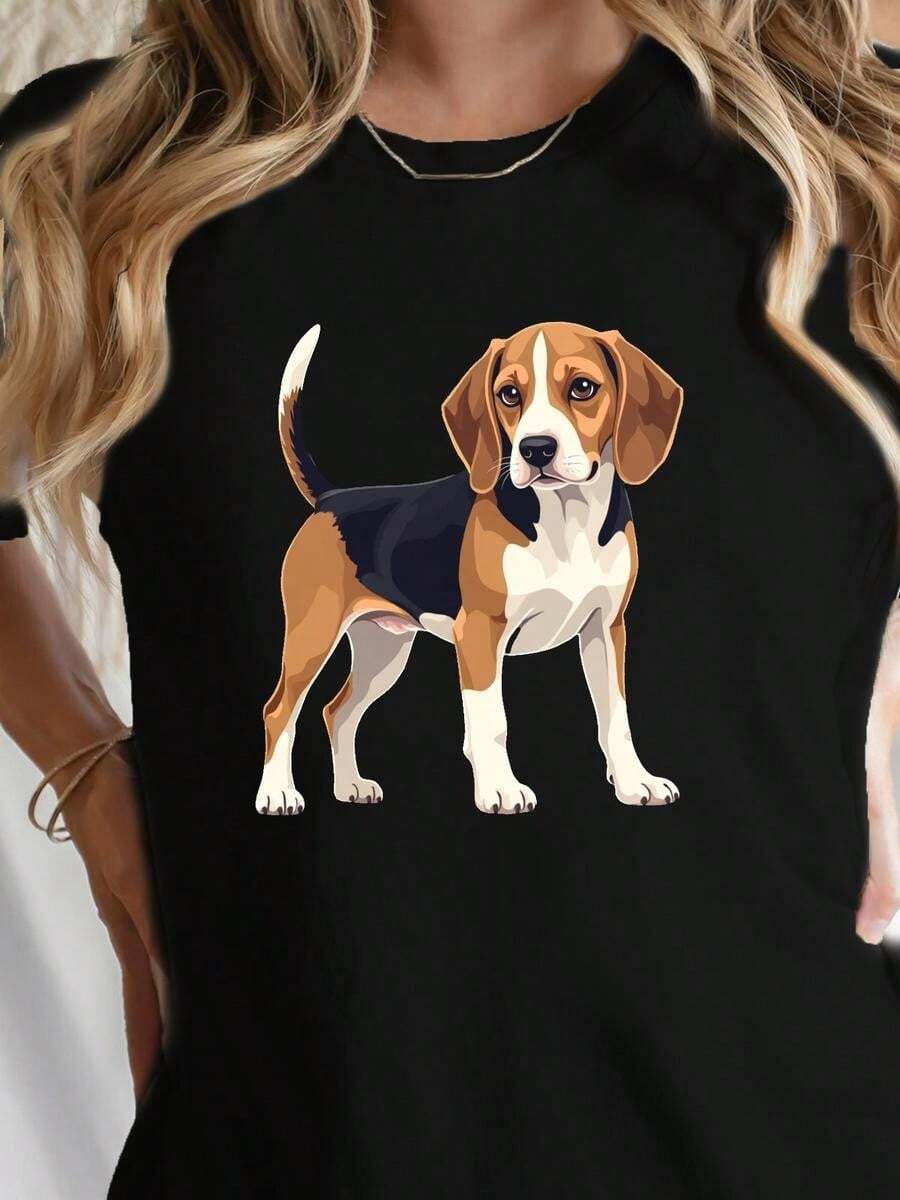 One Piece, Classic And Versatile, Pure Cotton Short-Sleeved T-Shirt Ideal For Wearing In Any Season, Realistic Beagle Dog Design For Women, Modern Style - 黑色 - 查看 1
