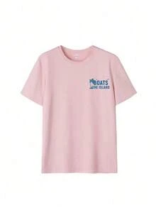 Women's Casual Short-Sleeved T-Shirt With A Round Neck, Palm Tree And Letter Print, Ideal For Summer. Versatile And Fashionable For Everyday And Vacation Style. Graphic Blouses For Women In White, Black, And Pink. - 羅莎 - 查看 4