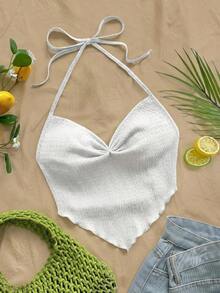 Nuevo top casual de vacaciones, estilo occidental, para invitados de boda en la playa, graduación, brunch, Día de San Patricio, vacaciones de primavera, Pascua, festival de música, elegante, bohemio, tropical, con cuello halter y lazo en la espalda - Blanco 2 - Ver 8