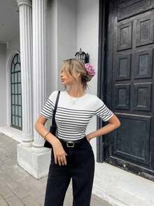 de mujer de manga corta con escote trasero a rayas francesas, ideal para primavera/verano - Blanco - Ver 5