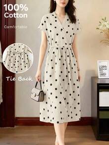 Vestido casual elegante y vintage con estampado de lunares, con bolsillos y lazo en la espalda, silueta minimalista pero refinada de corte evasé con cintura anudada, vestido versátil para oficina/ocasión, conjunto bohemio de lunares para vacaciones, primavera/verano rojo - Albaricoque - Ver 5