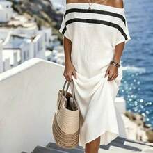 Casual Vacation Off-Shoulder Striped Loose Dress - Blanco - Ver 6