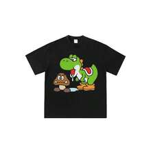 Camiseta unisex de manga corta con estampado de estilo anime de Supers-Marios-Yoshis-And-Goomba. - Negro - Ver 1