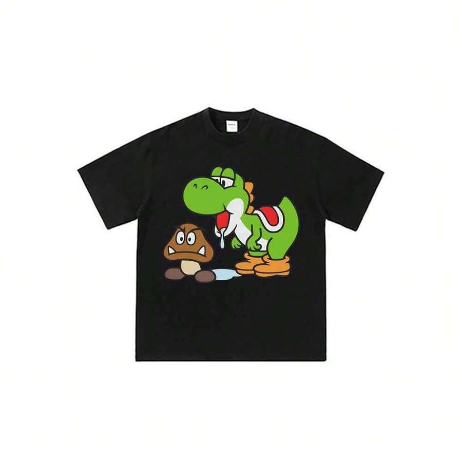 Camiseta unisex de manga corta con estampado de estilo anime de Supers-Marios-Yoshis-And-Goomba. - Negro - Ver 1