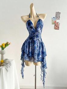 Vestido azul impreso de malla de punto con escote de halter romántico de vacaciones para mujeres - Azul - Ver 12