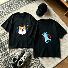 2-Piece Couple Matching Pattern T-Shirt, 100% Cotton, Loose Fit, Soft And Breathable, Casual Round Neck Short Sleeved Top Dog With Headphones Cat With Ball Versatile Patterns No Picky Combinations Coordinated Dating Casual Travel Simple And Cartoonish Printing Styles High Cost-Effectiveness Couple - 黑色 - 查看 1
