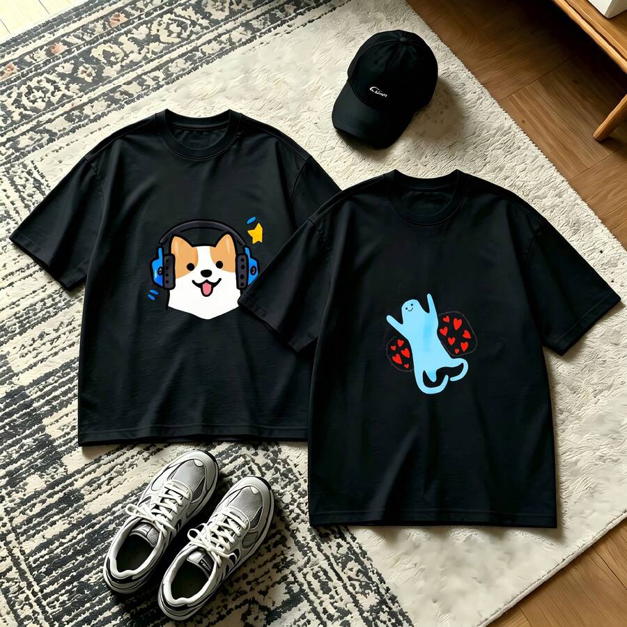 2-Piece Couple Matching Pattern T-Shirt, 100% Cotton, Loose Fit, Soft And Breathable, Casual Round Neck Short Sleeved Top Dog With Headphones Cat With Ball Versatile Patterns No Picky Combinations Coordinated Dating Casual Travel Simple And Cartoonish Printing Styles High Cost-Effectiveness Couple - 黑色 - 查看 1