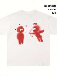 Women's 100% Cotton Casual Printed Designer T-Shirt - White T-Shirt With Red Angel Print, Loose Fit, Urban Style, Unisex, Soft And Breathable Vintage Fabric, 2000s Casual Top Suitable For Daily Wear And Theme Parties, Durable Fabric, Summer Clothing, Comfortable And Neutral Clothing, Summer Tops 2026, Daily Outfits For Women, Suitable For Spring, Summer And Autumn. - 白色 - 查看 7