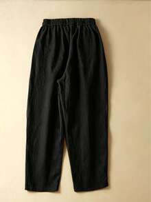 Comfortable Casual High Waist Elastic Linen Drape Pants, Suitable For Autumn & Summer Black - Black - View 4