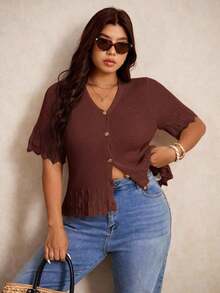 Plus Size Cardigans - ブラウン - チェックする 6