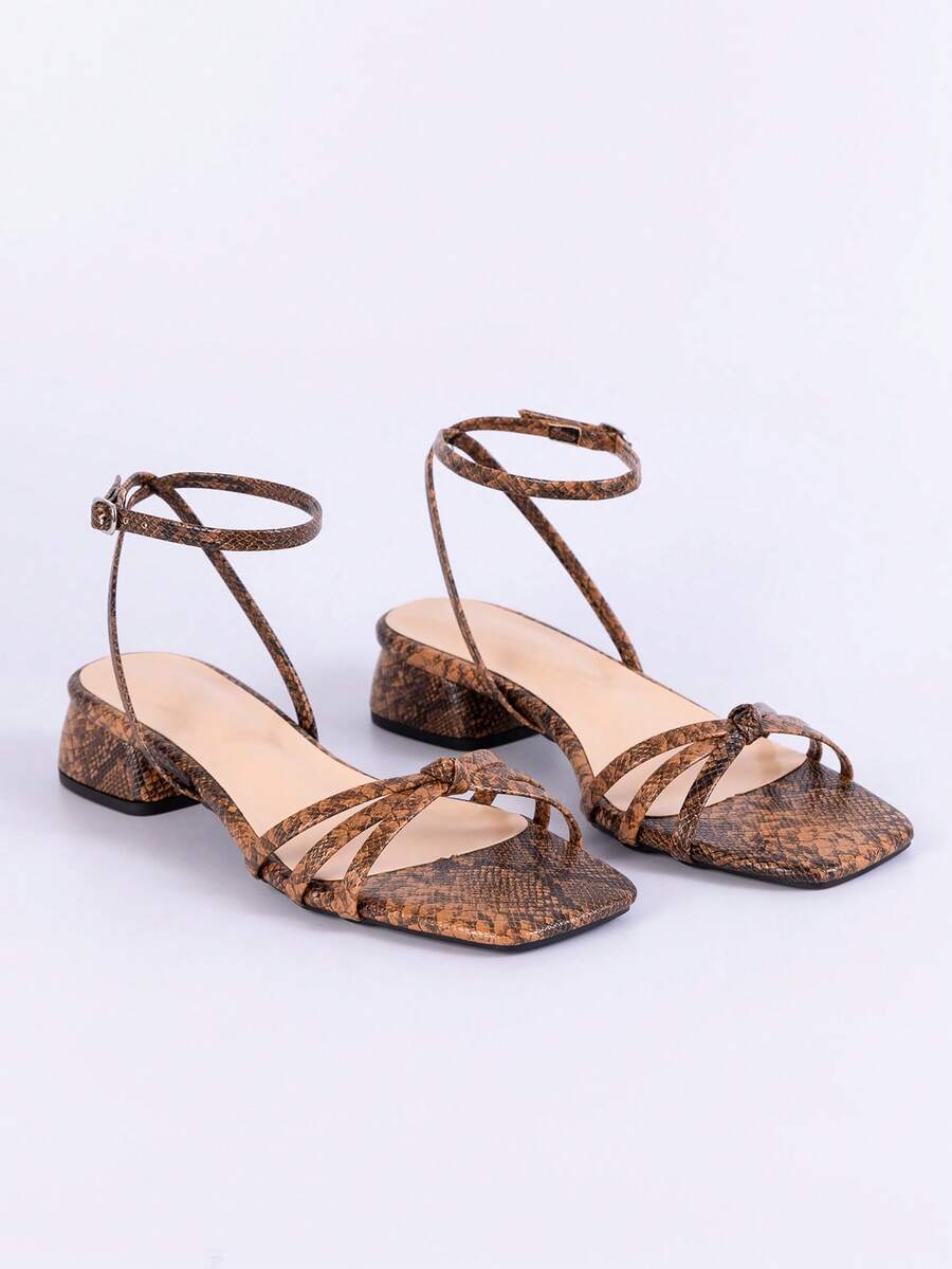 Sandalias de tacón bajo para mujer, punta cuadrada, punta abierta, tacón grueso, sin espalda, con correa, moda versátil para uso casual - piel de serpiente - Ver 1