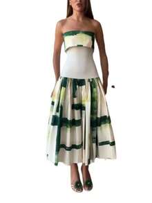 Vestido midi de verano con estampado, hombros al descubierto y corte ajustado, estilo elegante europeo y americano - Multicolor - Ver 9